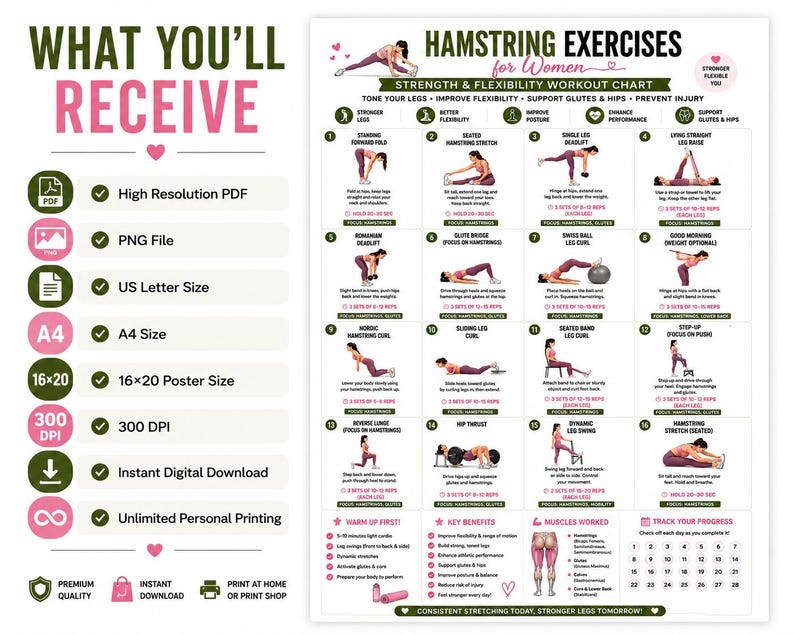 Hamstring Stretch PDF, Hamstring Exercises, Leg Stretching Workout, Lower Body Exercises, Flexibility Poster, Home Fitness Wall Art
