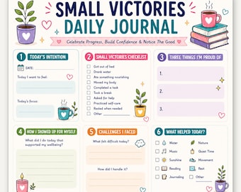 Small Victories Daily Journal, Tiny Wins Tracker Printable, Self Care Mental Wellness Worksheet, Gratitude Mood Reflection Journal PDF