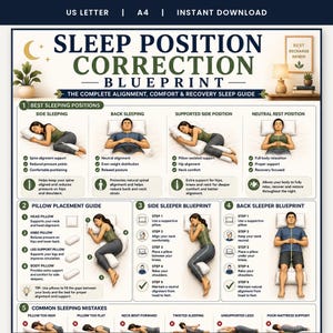 Sleep Position Correction Poster, Printable Better Sleep Alignment Guide, Bedroom Wall Art, Pillow Placement & Posture Chart, A4 US Letter