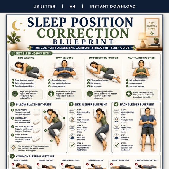Sleep Position Correction Poster, Printable Better Sleep Alignment Guide, Bedroom Wall Art, Pillow Placement & Posture Chart, A4 US Letter