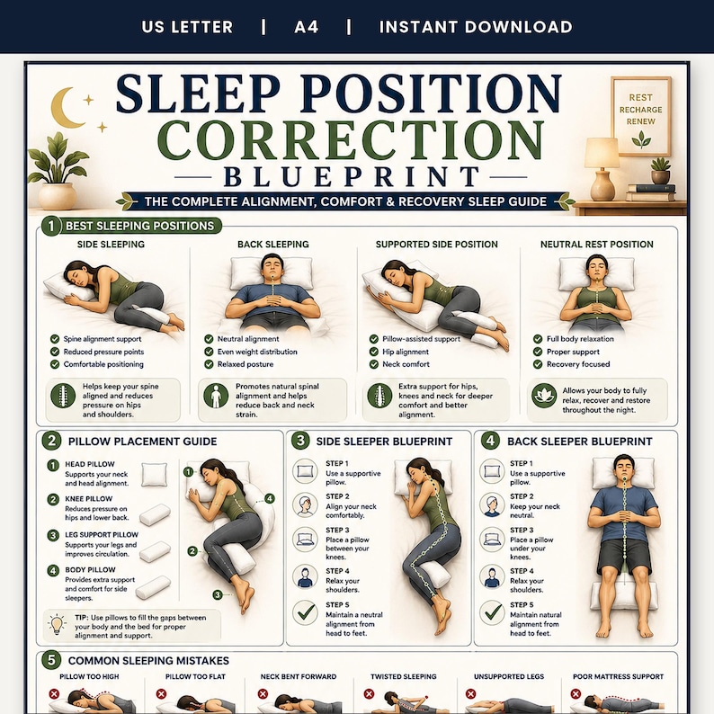Sleep Position Correction Poster, Printable Better Sleep Alignment Guide, Bedroom Wall Art, Pillow Placement & Posture Chart, A4 US Letter