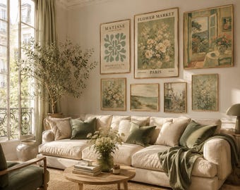 Sage Green Gallery Wall Art Prints: Vintage Eclectic Set Famous Popular Printable Art - Digital Prints