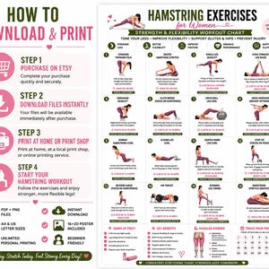Hamstring Stretch PDF, Hamstring Exercises, Leg Stretching Workout, Lower Body Exercises, Flexibility Poster, Home Fitness Wall Art