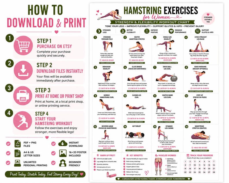 Hamstring Stretch PDF, Hamstring Exercises, Leg Stretching Workout, Lower Body Exercises, Flexibility Poster, Home Fitness Wall Art