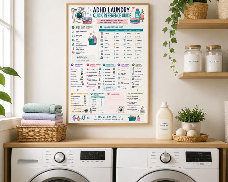 ADHD Laundry Quick Reference Guide | Washer & Dryer Settings Cheat Sheet | Executive Dysfunction Cleaning Printable