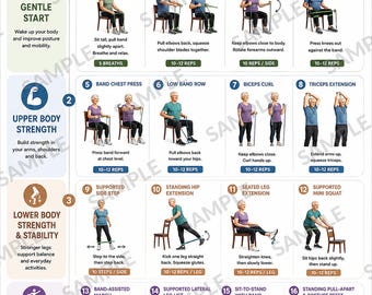Resistance Band Exercises for Seniors, 16 Gentle Seated Standing Strength Mobility Moves, Low Impact Fitness Poster, A4 US Letter PDF