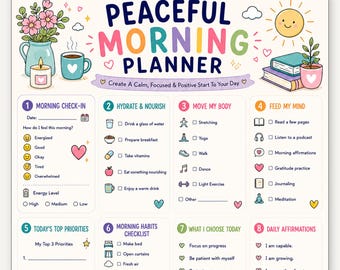Planejador para uma Manhã Tranquila, Rotina Matinal Suave para Imprimir, Diário de Bem-Estar e Autocuidado, Exercício Diário de Gratidão e Atenção Plena