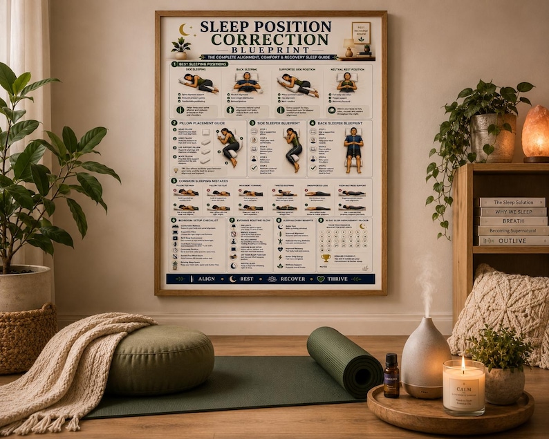 Sleep Position Correction Poster, Printable Better Sleep Alignment Guide, Bedroom Wall Art, Pillow Placement & Posture Chart, A4 US Letter