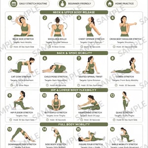 May include: A full body stretch and mobility guide poster featuring sixteen numbered illustrations of a person in olive green activewear performing various flexibility exercises, organized into sections with text instructions and daily routine tips.
