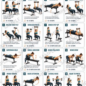 May include: A workout poster titled DUMBBELL BENCH FULL-BODY WORKOUT featuring sixteen numbered exercise illustrations. Each section displays a person performing movements with dumbbells on a bench, including instructions and repetition counts.