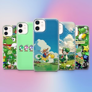 May include: A collection of five phone cases featuring colorful designs of Yoshi from the Super Mario video game series. The cases showcase various scenes and characters, including Yoshi, Mario, and landscapes.