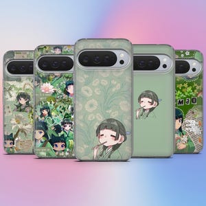 May include: A collection of five phone cases with unique designs. The cases feature illustrations of anime characters, floral patterns, and collage elements in shades of green and white. Each case has a camera cutout.