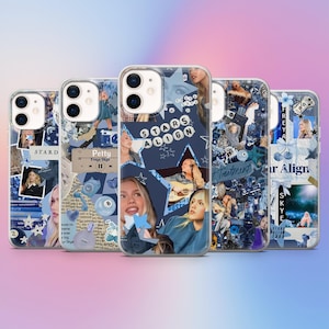 May include: Five phone cases with a collage design in shades of blue. The cases feature images of women, stars, and text. The text includes phrases like "STARS ALIGN" and "Treatment". The cases have a glossy finish.