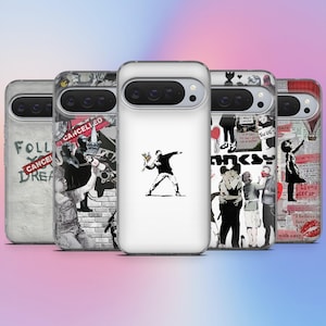 May include: Five phone cases with diverse designs. The cases showcase black and white artwork, including graffiti-style images and text. One case features a figure throwing flowers, a Banksy-style image.