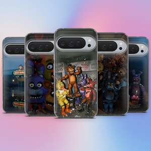 May include: Five phone cases with different designs featuring characters from the video game Five Nights at Freddy's. The cases display images of Freddy Fazbear, Bonnie, Chica, Foxy, and other characters in various scenes. The cases are clear with a black camera bar.