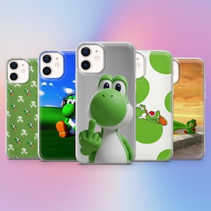 May include: A collection of five phone cases featuring various designs of the character Yoshi. The cases showcase different backgrounds and Yoshi poses, including a pattern of Yoshi eggs, a Yoshi with headphones, and a Yoshi giving the middle finger.