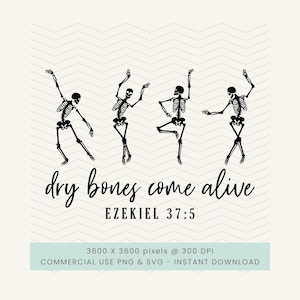 Op de afbeelding: Een digitale afbeelding met vier zwarte skeletten in verschillende danshoudingen boven de zwarte tekst "dry bones come alive" en "EZEKIEL 37:5". Onderaan toont een lichtblauwe banner "3600 x 3600 pixels @ 300 DPI COMMERCIAL USE PNG & SVG".