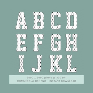 May include: A digital illustration of the alphabet, letters A through L, in a collegiate style. Each white letter is outlined in black and filled with a pattern of small black dots. The background is a muted teal color. The image includes text: 3600 X 3600 pixels @ 300 DPI COMMERCIAL USE PNG - INSTANT DOWNLOAD.