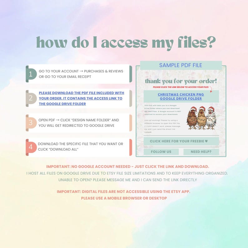 Pu&ograve; includere: Una guida per il download digitale con istruzioni su come accedere ai file. La guida include passaggi numerati, un file PDF di esempio e una grafica di polli con cappelli di Babbo Natale. Il testo include "grazie per il tuo ordine!" e "Christmas Chicken PNG Google Drive Folder."