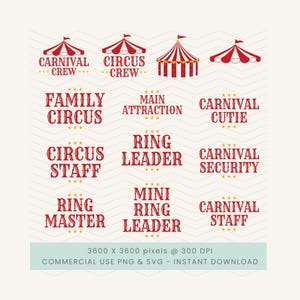 May include: A digital graphic featuring circus-themed designs. The image includes red and white circus tent illustrations and text such as "Carnival Crew," "Family Circus," and "Ring Leader." The bottom of the image states "Commercial Use PNG & SVG - Instant Download."