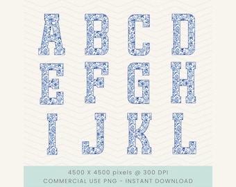 Alfabeto de tela azul (Png), Alfabeto floral (Png), Letras del alfabeto de tela azul (Png), Alfabeto chinoiserie (Png), Alfabeto de moda (Png)