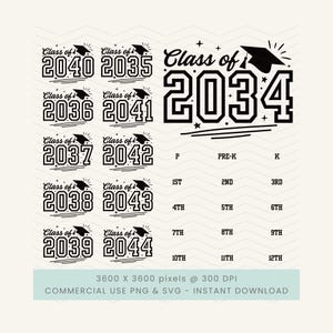 May include: A digital design featuring graduation-themed text elements. The design includes the phrase "Class of" followed by various years, such as 2040, 2035, and 2034, along with grade levels from Pre-K to 12th grade. The design is in black and white.