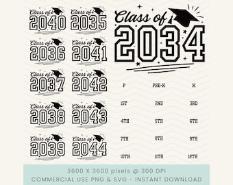 Pacchetto SVG Classe del 2034 2035 2036 2037 2038 2039 2040 2041 2042 2043 2044, Design per maglietta con impronta di mano Grow With Me, SVG dalla scuola materna alla dodicesima elementare
