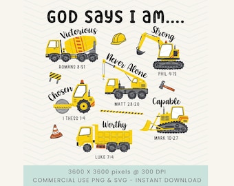 God Says I Am Boys Truck svg, Christian Kids svg, Kids Affirmations, Kids Shirt png, Construction png, Bible Verse png, Toddler Christian