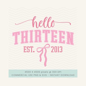 Puede incluir: Diseño gráfico rosa con las palabras "hello THIRTEEN" en fuente de escritura y bloque. Debajo de la palabra "THIRTEEN" está "EST. 2013" y un lazo rosa. El fondo es de color crema claro con un patrón de chevrón.