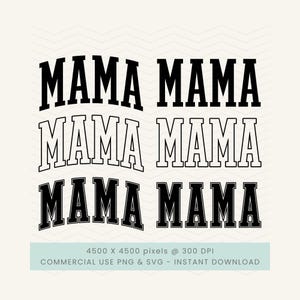 May include: A digital design with the word "MAMA" repeated three times in a bold, arched font. The design includes both solid and outlined versions of the word in black. The bottom of the image includes text about the file's specifications.