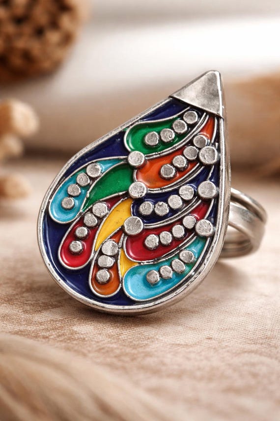 Handcrafted Enamel Silver Ring – Adjustable Teard… - image 1