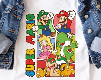 Super Mario Characters Shirt for Kids, Retro Nintendo Cartoon Tee, Gamer Gift T-Shirt with Mario Luigi Peach Yoshi