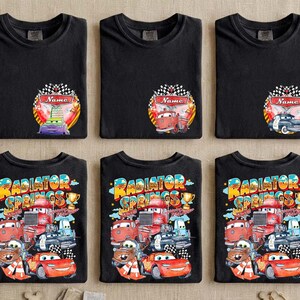 Bilar Kylarfjädrar Familjematchande T-shirts, Personligt namn Barnfödelsedagst-shirt, Blixten McQueen Vänner T-shirt bild 1