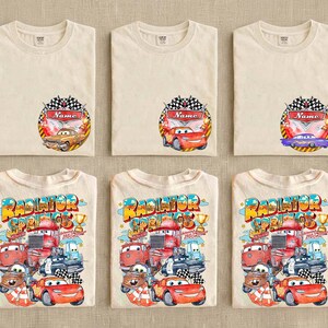 Bilar Kylarfjädrar Familjematchande T-shirts, Personligt namn Barnfödelsedagst-shirt, Blixten McQueen Vänner T-shirt bild 2