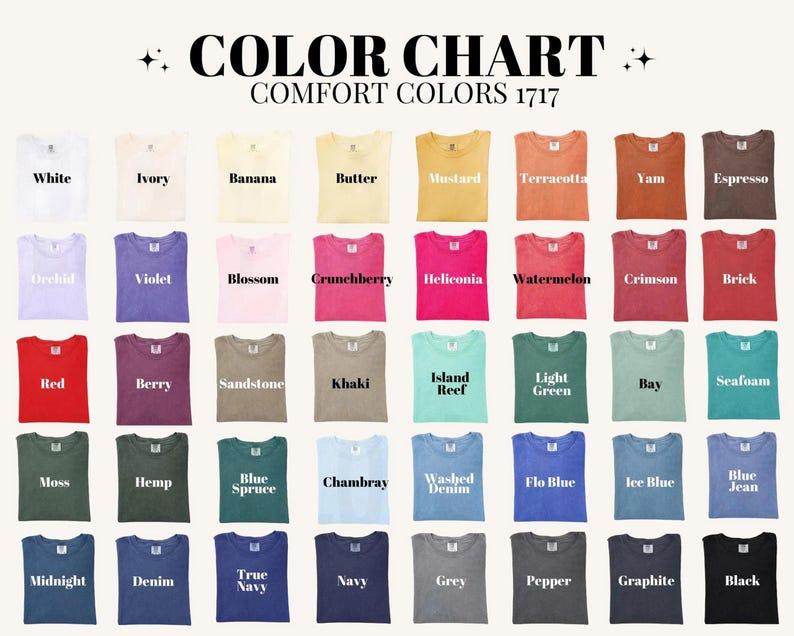 Puede incluir: Una carta de colores muestra una variedad de camisetas Comfort Colors en varios tonos. La carta incluye colores como blanco, marfil, pl&aacute;tano, mostaza, terracota y espresso. El texto "COLOR CHART COMFORT COLORS 1717" est&aacute; en la parte superior.