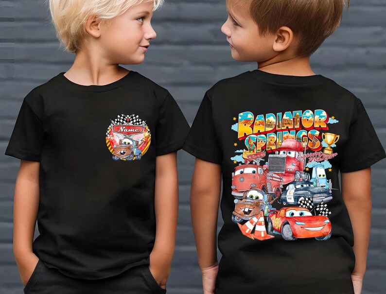 Bilar Kylarfjädrar Familjematchande T-shirts, Personligt namn Barnfödelsedagst-shirt, Blixten McQueen Vänner T-shirt bild 10