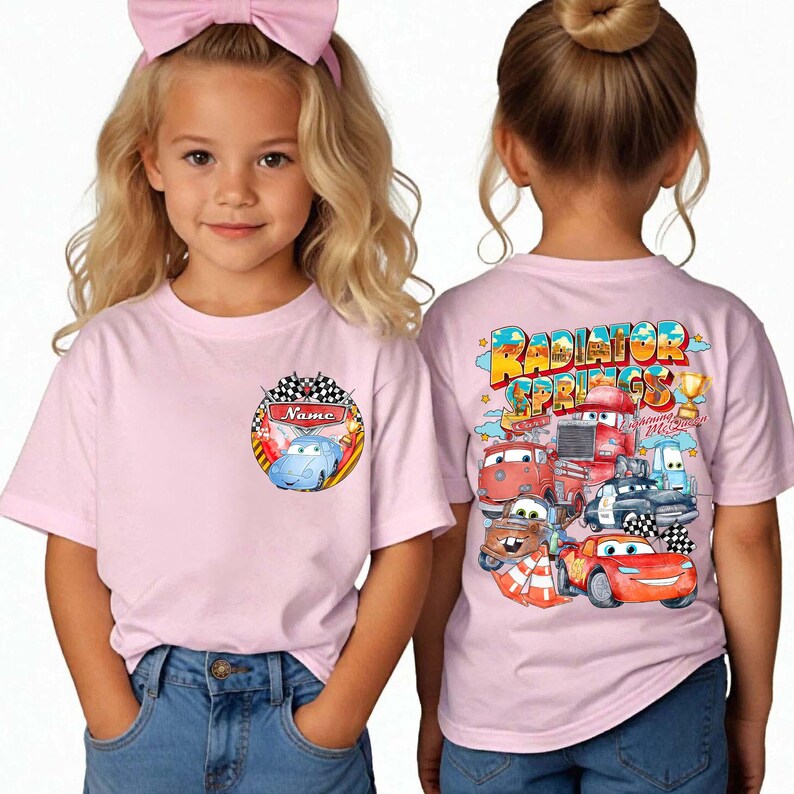 Bilar Kylarfjädrar Familjematchande T-shirts, Personligt namn Barnfödelsedagst-shirt, Blixten McQueen Vänner T-shirt bild 8