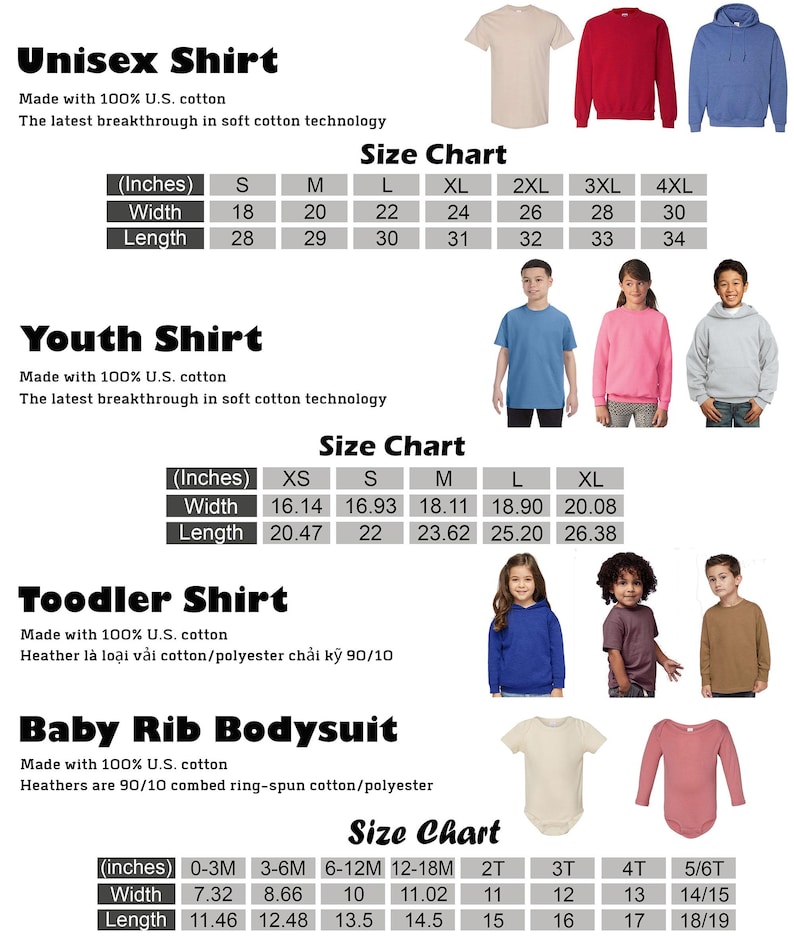 Puede incluir: Imagen de varios tipos de ropa: camisetas unisex, camisetas juveniles, camisetas para ni&ntilde;os peque&ntilde;os y bodies de canal&eacute; para beb&eacute;s. Se incluyen tablas de tallas en pulgadas, con medidas de ancho y largo.