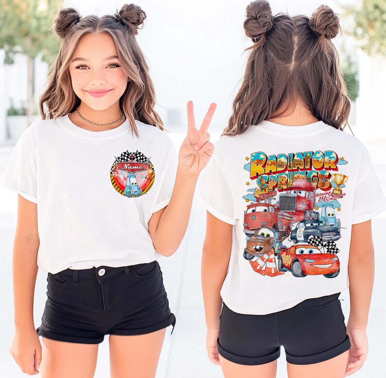 Bilar Kylarfjädrar Familjematchande T-shirts, Personligt namn Barnfödelsedagst-shirt, Blixten McQueen Vänner T-shirt bild 7