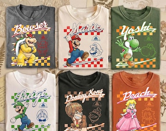 Retro Nintendo-karaktärs-T-shirt, Mario Luigi Yoshi Peach Bowser Donkey Kong-T-shirt, Vintage Gamer-T-shirt
