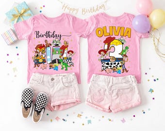 Camiseta personalizada de Toy Story para niña, camiseta personalizada con nombre y edad a doble cara, camiseta de cumpleaños infantil de Woody y Buzz Lightyear, tienda de camisetas de cumpleaños