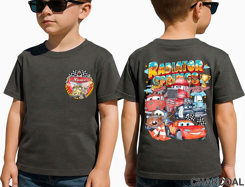 Bilar Kylarfjädrar Familjematchande T-shirts, Personligt namn Barnfödelsedagst-shirt, Blixten McQueen Vänner T-shirt bild 11