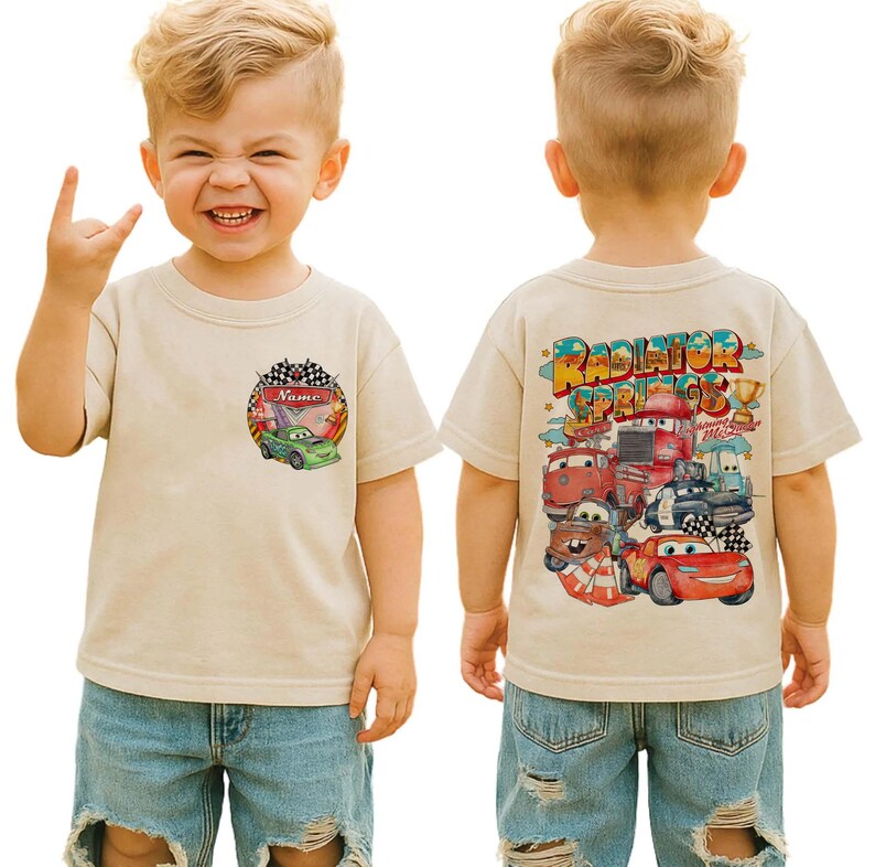 Bilar Kylarfjädrar Familjematchande T-shirts, Personligt namn Barnfödelsedagst-shirt, Blixten McQueen Vänner T-shirt bild 13