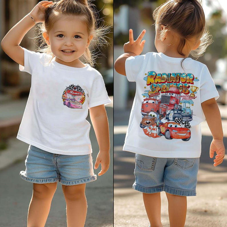 Bilar Kylarfjädrar Familjematchande T-shirts, Personligt namn Barnfödelsedagst-shirt, Blixten McQueen Vänner T-shirt bild 9