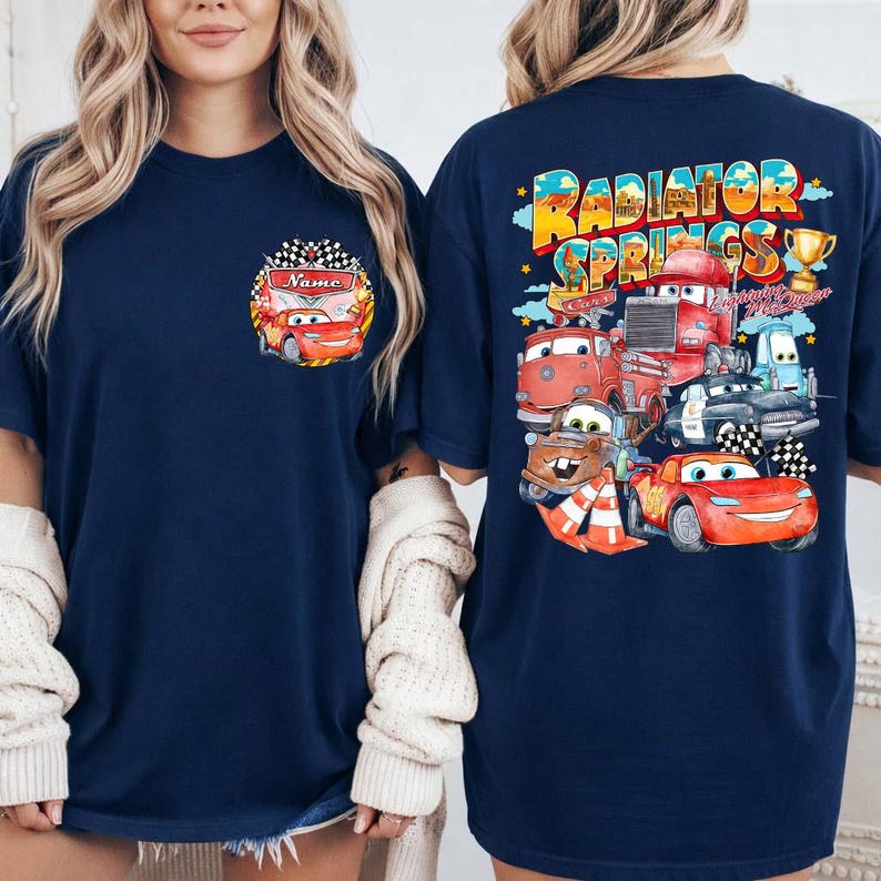 Bilar Kylarfjädrar Familjematchande T-shirts, Personligt namn Barnfödelsedagst-shirt, Blixten McQueen Vänner T-shirt bild 4