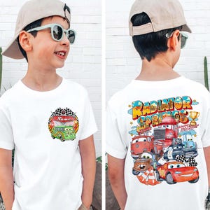 Bilar Kylarfjädrar Familjematchande T-shirts, Personligt namn Barnfödelsedagst-shirt, Blixten McQueen Vänner T-shirt bild 14