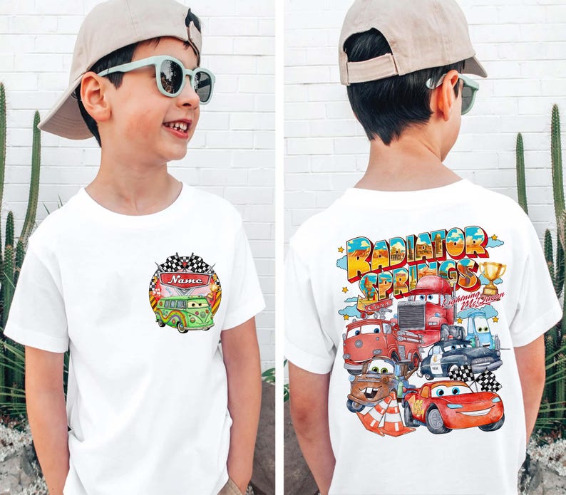 Bilar Kylarfjädrar Familjematchande T-shirts, Personligt namn Barnfödelsedagst-shirt, Blixten McQueen Vänner T-shirt bild 14