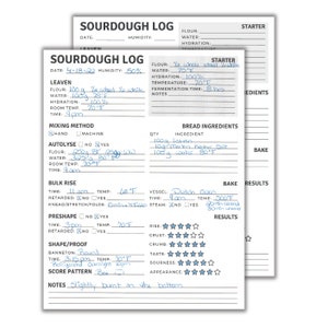 May include: A sourdough bread baking log with handwritten notes and a five-star rating system for rise, crust, crumb, taste, sourness, and appearance. The log includes sections for leaven, mixing method, autolyse, bulk rise, preshape, shape/proof, and bake. The log also includes a section for bread ingredients with a list of ingredients and quantities.