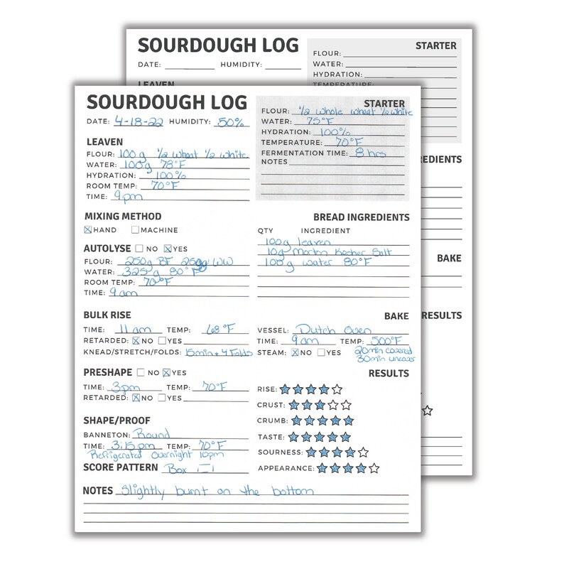 May include: A sourdough bread baking log with handwritten notes and a five-star rating system for rise, crust, crumb, taste, sourness, and appearance. The log includes sections for leaven, mixing method, autolyse, bulk rise, preshape, shape/proof, and bake. The log also includes a section for bread ingredients with a list of ingredients and quantities.