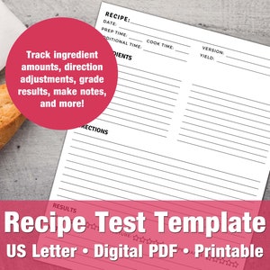 Könnte beinhalten: Eine weiße Rezepttestvorlage mit schwarzen Linien zum Schreiben. Die Vorlage enthält Abschnitte für Rezeptdetails, Zutaten und Anweisungen. Ein rosa Kreis mit weißem Text lautet: "Verfolgen Sie Zutatenmengen, Richtungsanpassungen, Ergebnisse, machen Sie Notizen und mehr!"